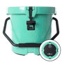 Seafoam KULA 5 cooler with black latches and inset image showing top lid with MAGNEBottle port.