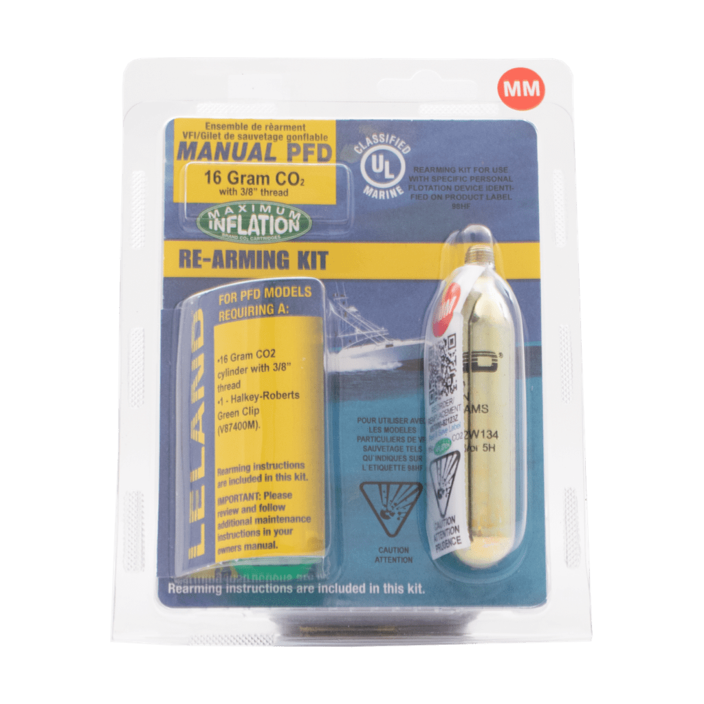 Front view of the 16g Manual PFD Rearming Kit in packaging with CO₂ cylinder and green clip.