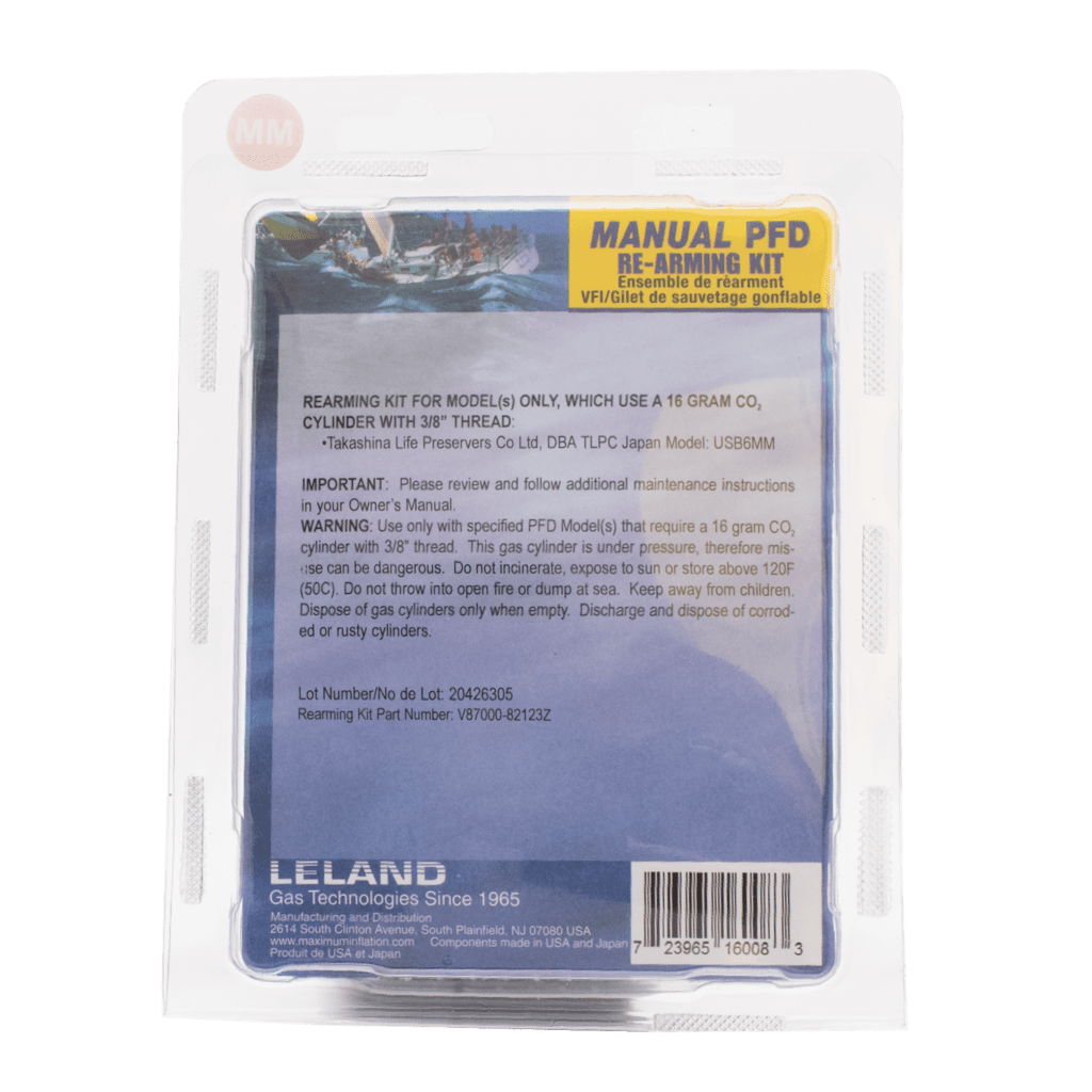 Back of the Manual PFD Rearming Kit packaging showing compatibility and safety information.