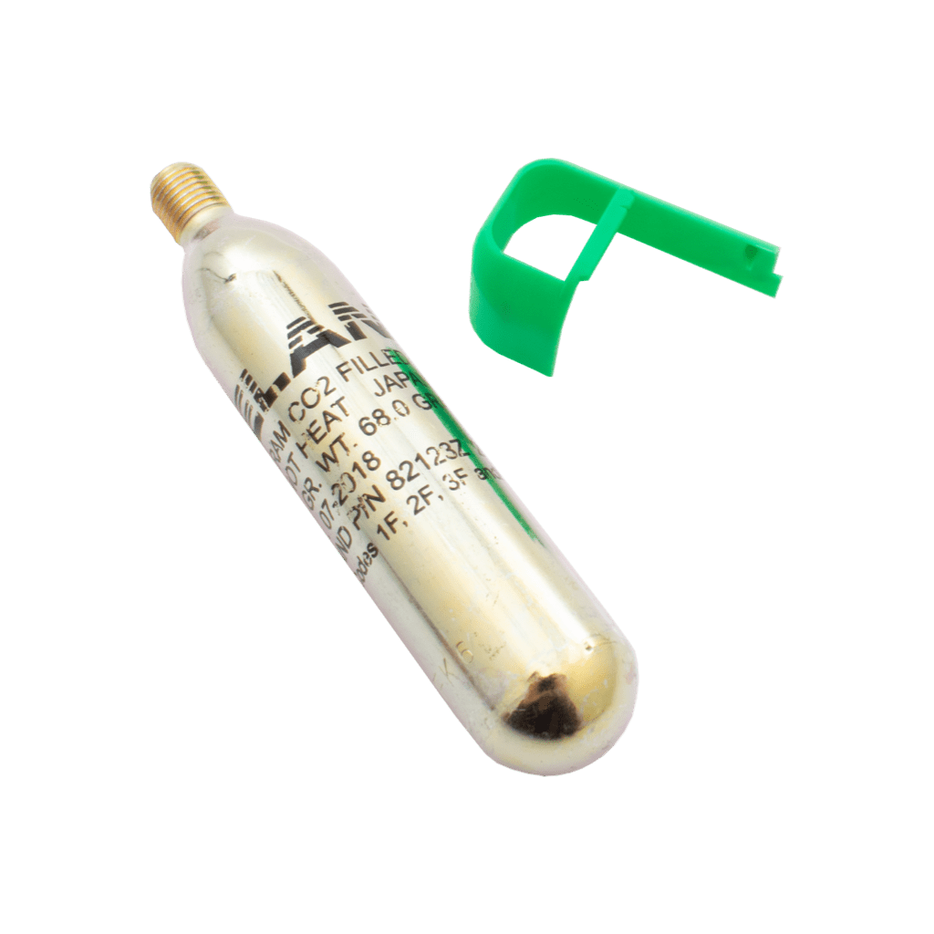 Unboxed Manual PFD Rearming Kit with 16g CO₂ cylinder and green Halkey-Roberts clip.