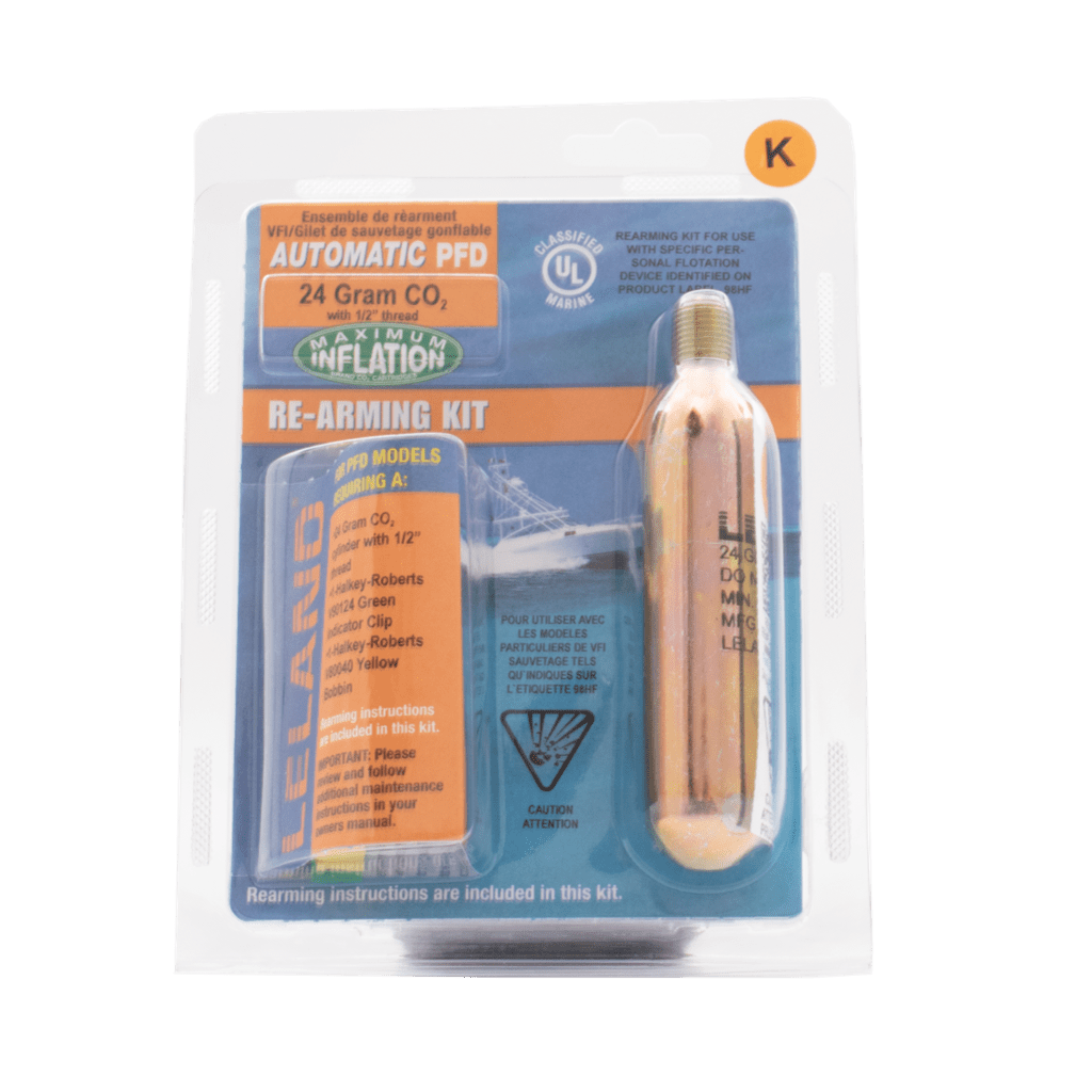 Front view of the 24g Automatic PFD Rearming Kit in retail packaging with CO₂ cylinder visible.