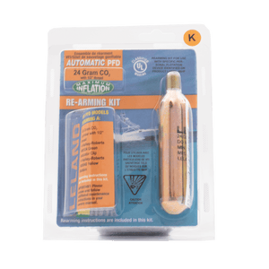 Front view of the 24g Automatic PFD Rearming Kit in retail packaging with CO₂ cylinder visible.