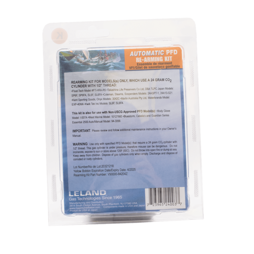 Back of the Automatic PFD Rearming Kit packaging showing product instructions and model info.
