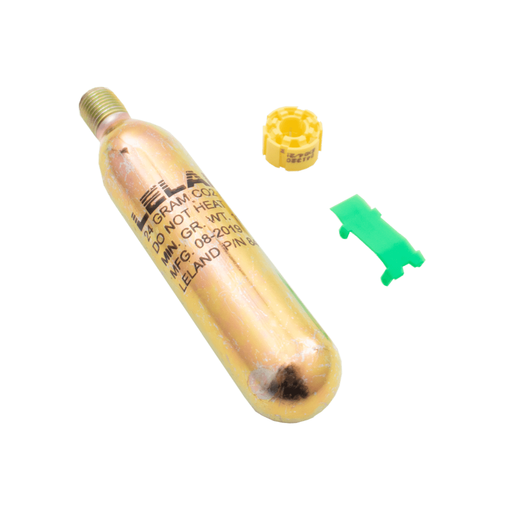 Unboxed Automatic PFD Rearming Kit with 24g CO₂ cylinder, yellow bobbin, and green clip.