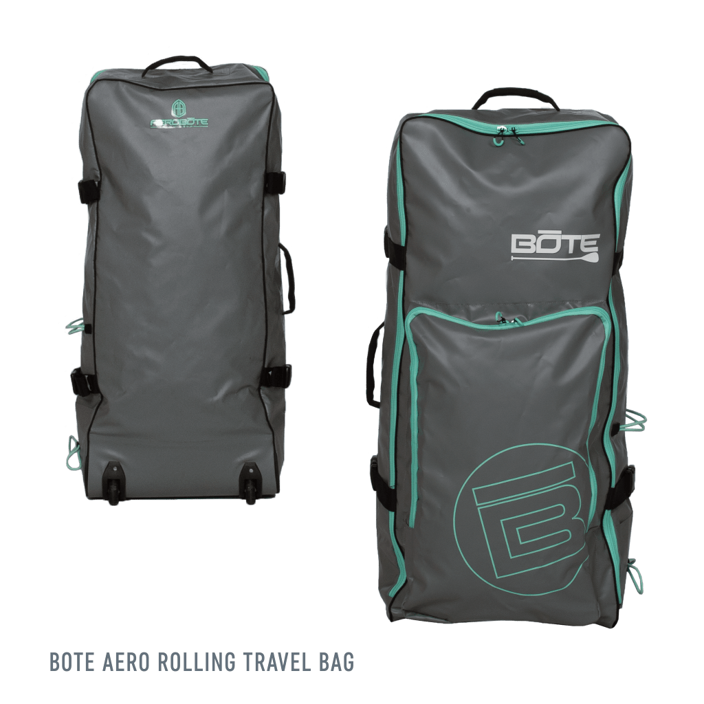 Front and back view of the gray LONO Aero Bag with teal accents, BOTE logos, handles, and built-in wheels.