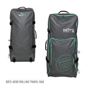 Front and back view of the gray LONO Aero Bag with teal accents, BOTE logos, handles, and built-in wheels.