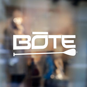 White BOTE logo decal with paddle design shown applied on a glass window.