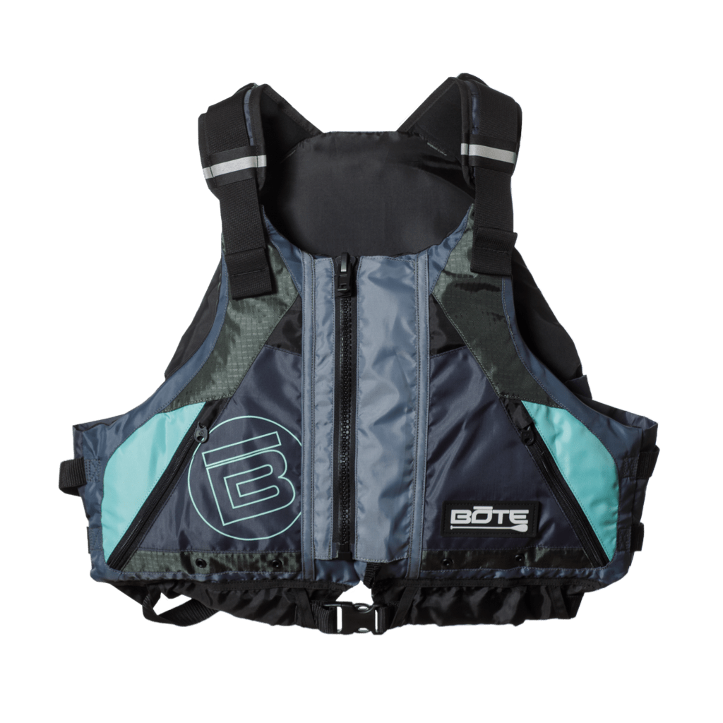 Front view of the BOTE Adult Paddling Foam PFD Vest in navy, black, and teal with zip closure.