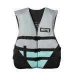 Front view of the BOTE Adult Universal Foam PFD Vest in gray, black, and teal with buckle straps.