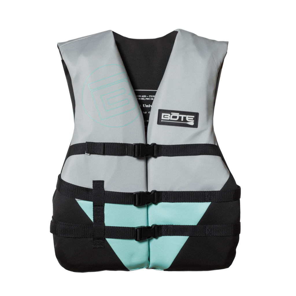 Front view of the BOTE Adult Universal Foam PFD Vest in gray, black, and teal with buckle straps.