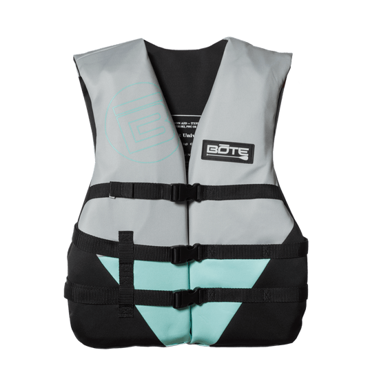 Front view of the BOTE Adult Universal Foam PFD Vest in gray, black, and teal with buckle straps.