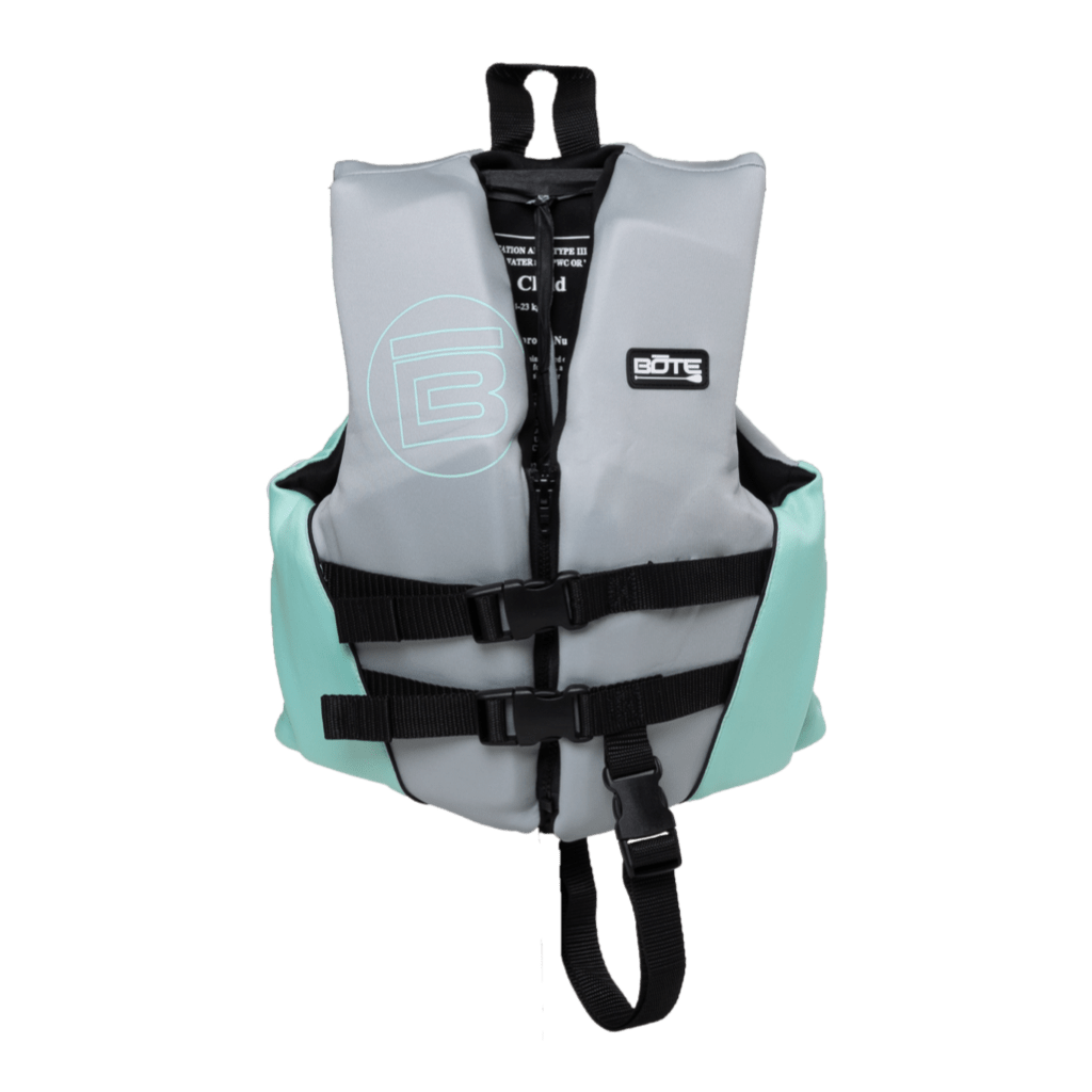 Front view of the BOTE Child Foam PFD Vest in gray and teal with buckle straps and crotch strap.