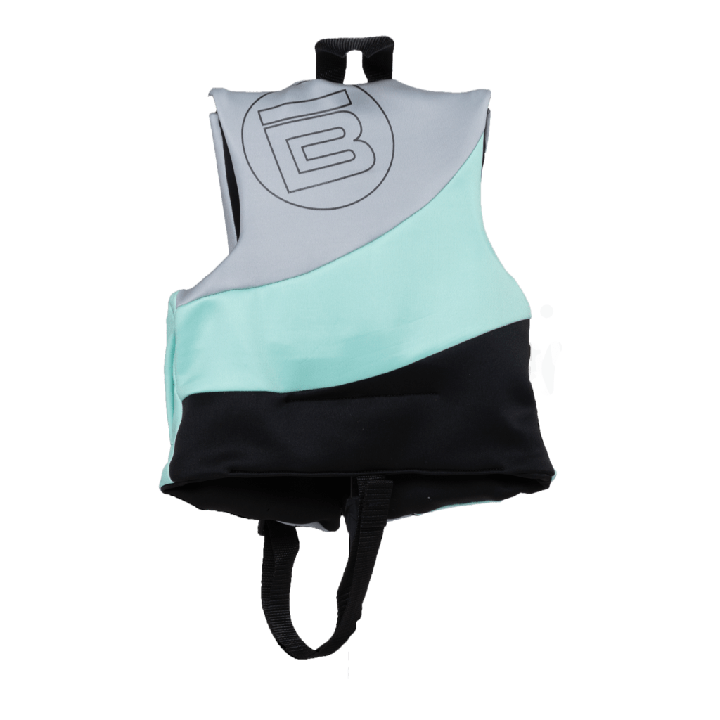 Rear view of the BOTE Child Foam PFD Vest with teal and black color blocking and grab handle.