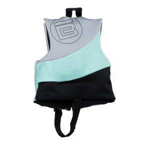 Rear view of the BOTE Child Foam PFD Vest with teal and black color blocking and grab handle.