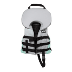 Front view of the BOTE Infant Foam PFD Vest in gray and teal with headrest, grab handle, and crotch strap.