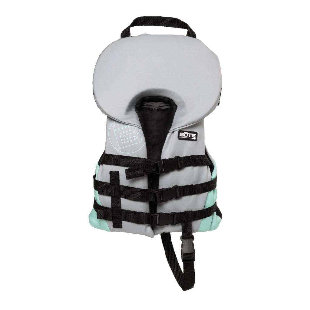 Front view of the BOTE Infant Foam PFD Vest in gray and teal with headrest, grab handle, and crotch strap.