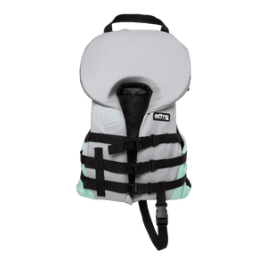 Front view of the BOTE Infant Foam PFD Vest in gray and teal with headrest, grab handle, and crotch strap.