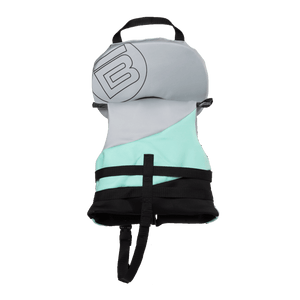 Rear view of the BOTE Infant Foam PFD Vest showing color blocking, grab handle, and safety strap.