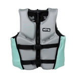 Front view of the BOTE Youth Foam PFD Vest in gray and teal with black buckle straps.