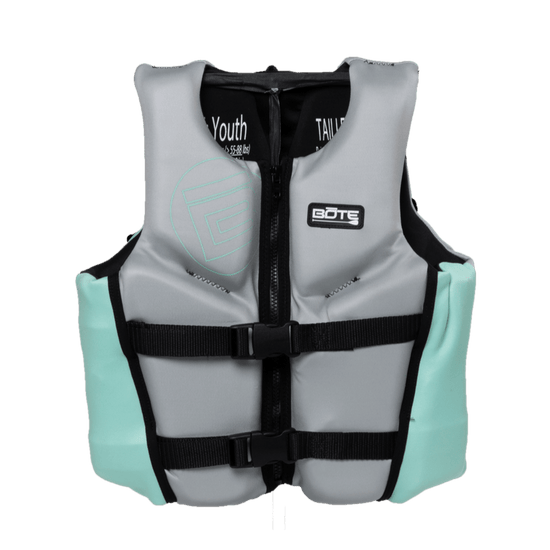 Front view of the BOTE Youth Foam PFD Vest in gray and teal with black buckle straps.